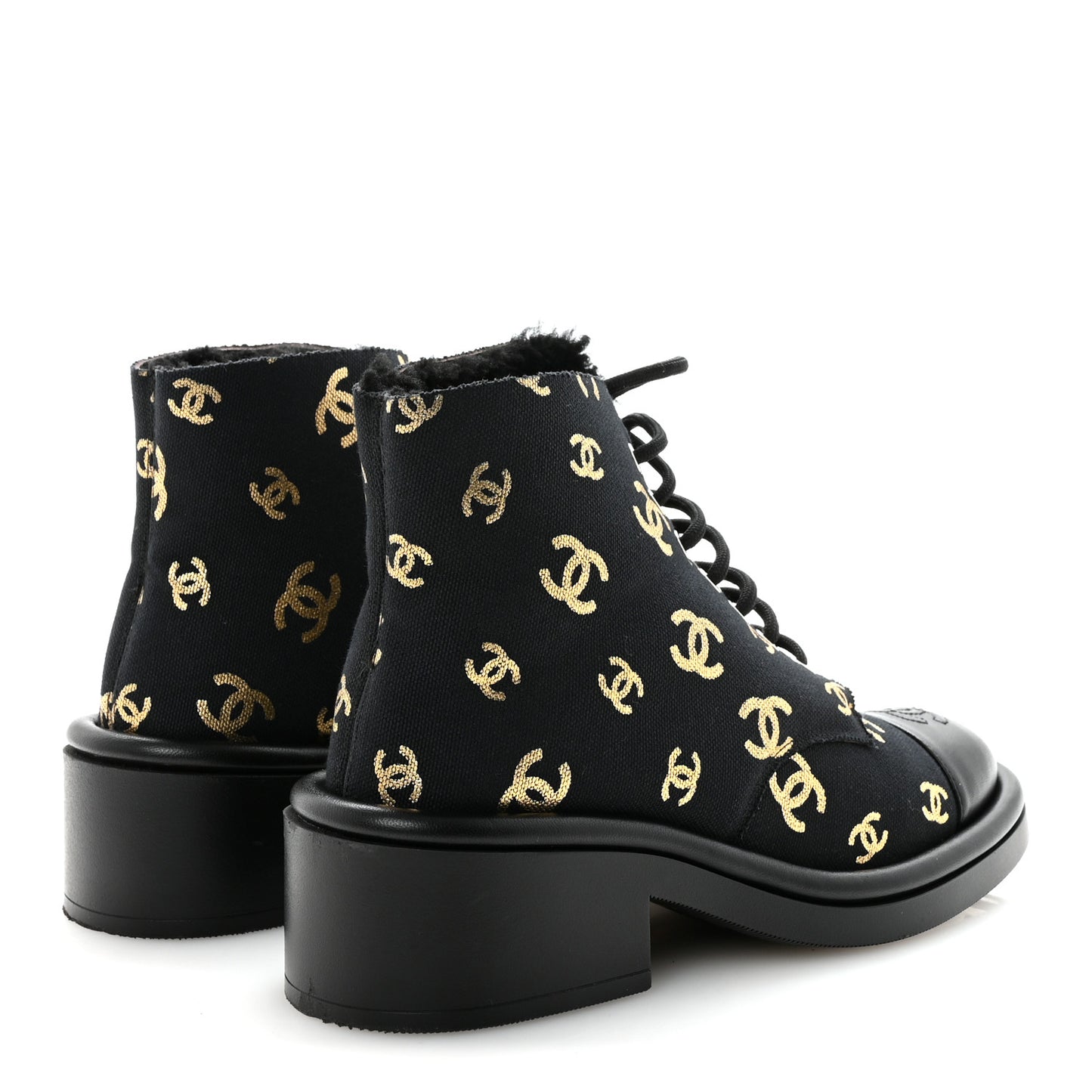 Lambskin Shearling Canvas CC Lace Up Boots 36.5 Black Gold