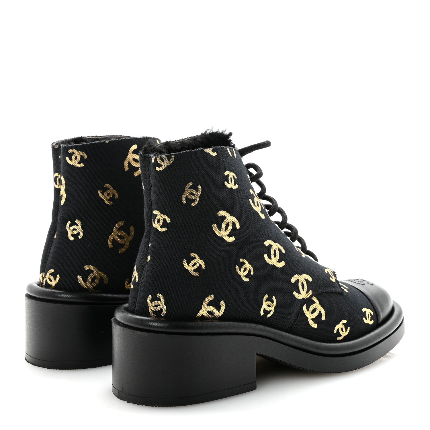 Chanel Lambskin Shearling Canvas CC Lace Up Boots 36.5 Black Gold 5 of 10