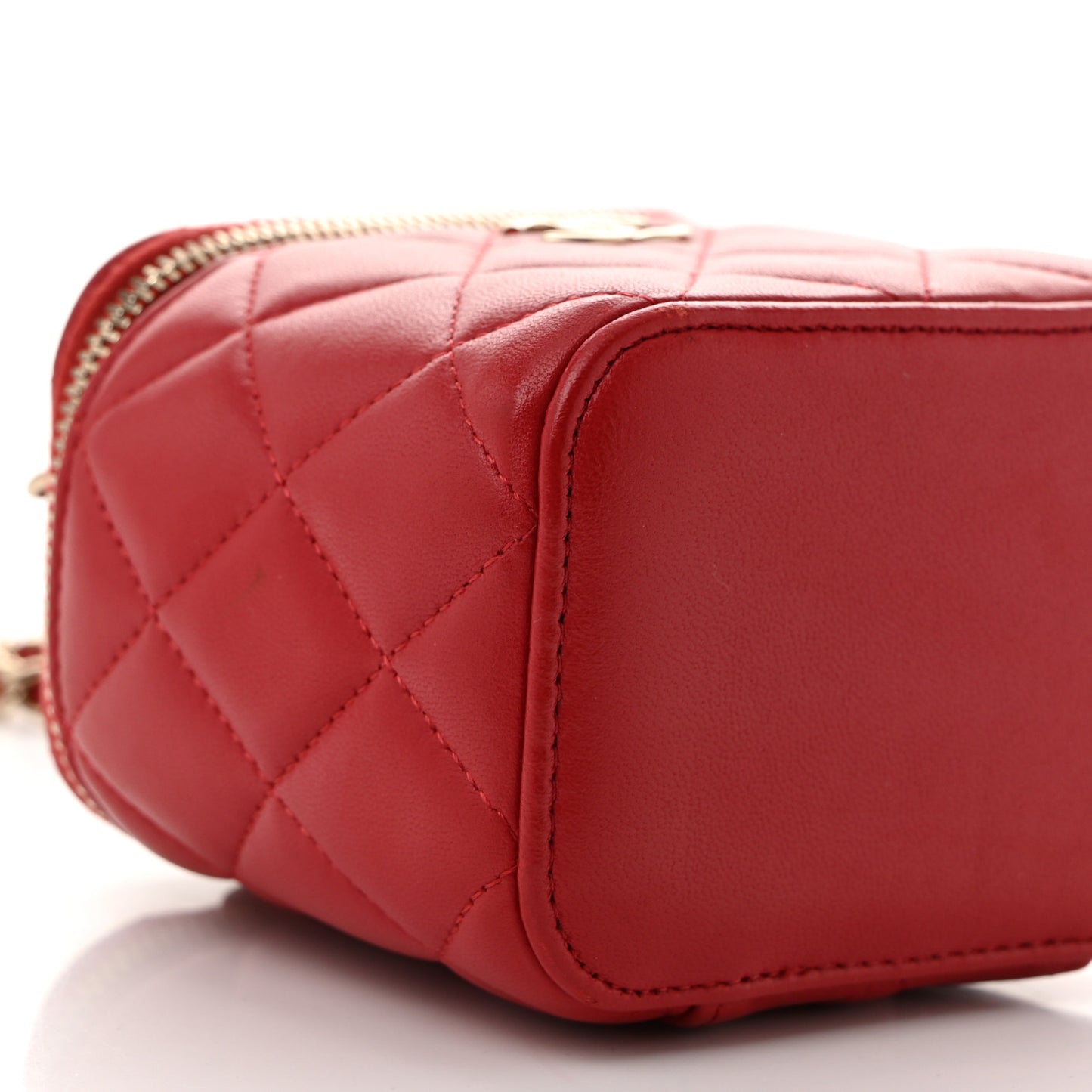Lambskin Quilted Top Handle Mini Vanity Case With Chain Red