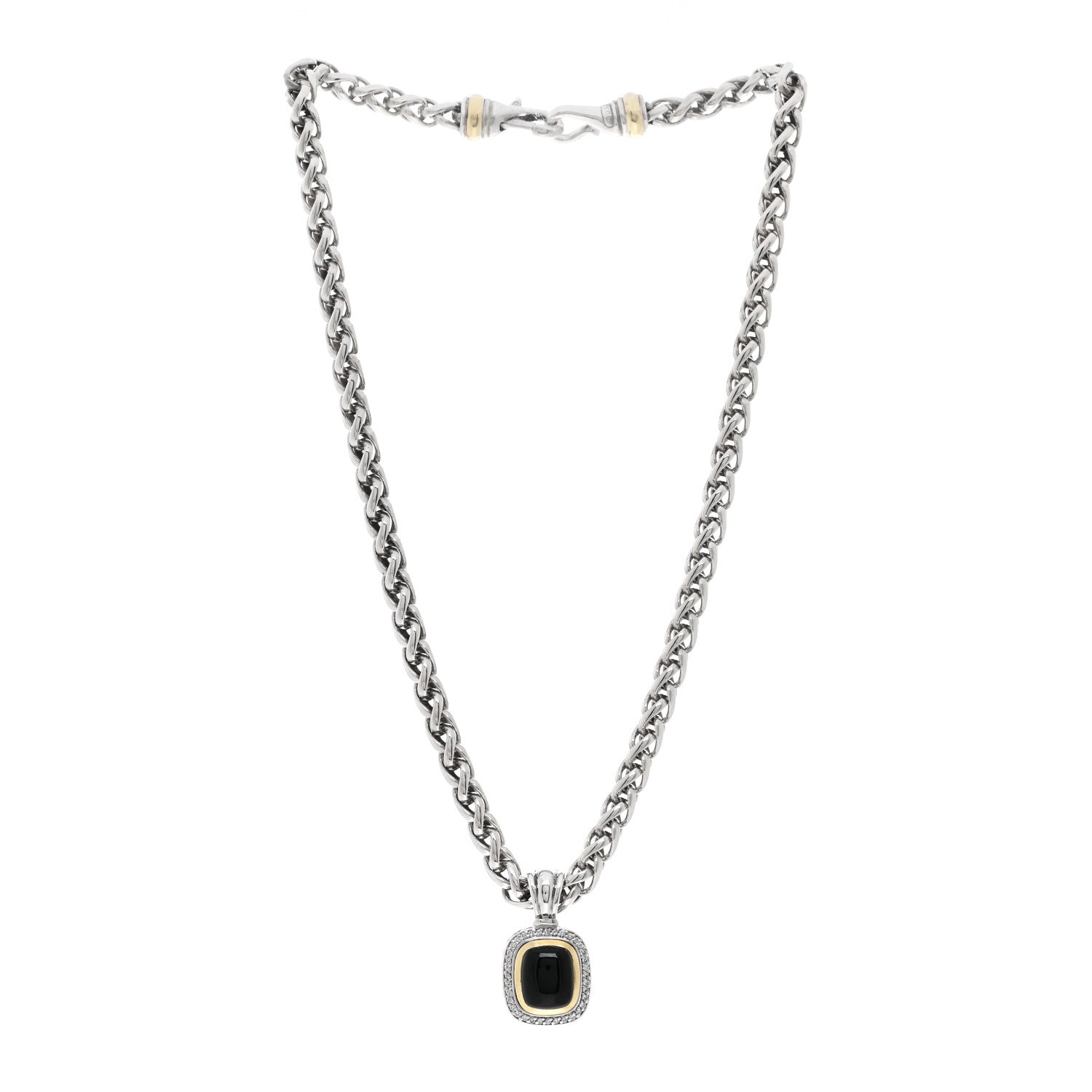 David Yurman Sterling Silver 18K Yellow Gold Diamond Black Onyx 12mm Albion Enhancer Pendant Wheat Chain Necklace 3 of 5