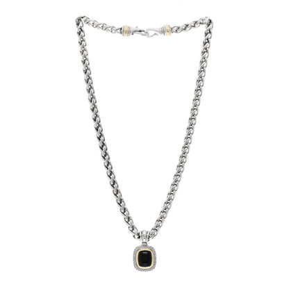 David Yurman Sterling Silver 18K Yellow Gold Diamond Black Onyx 12mm Albion Enhancer Pendant Wheat Chain Necklace 3 of 5