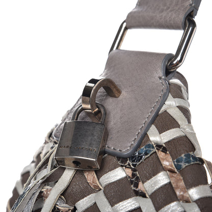 Marc Jacobs Calfskin Woven Large Boho Fringe Hobo Brown Grey 9 of 13