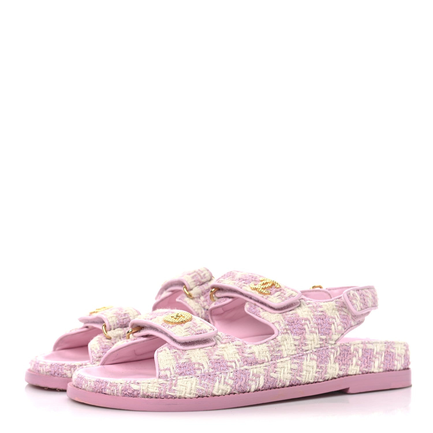 Chanel Cotton Tweed Velcro Dad Sandals 38 Pink Ecru 4 of 10