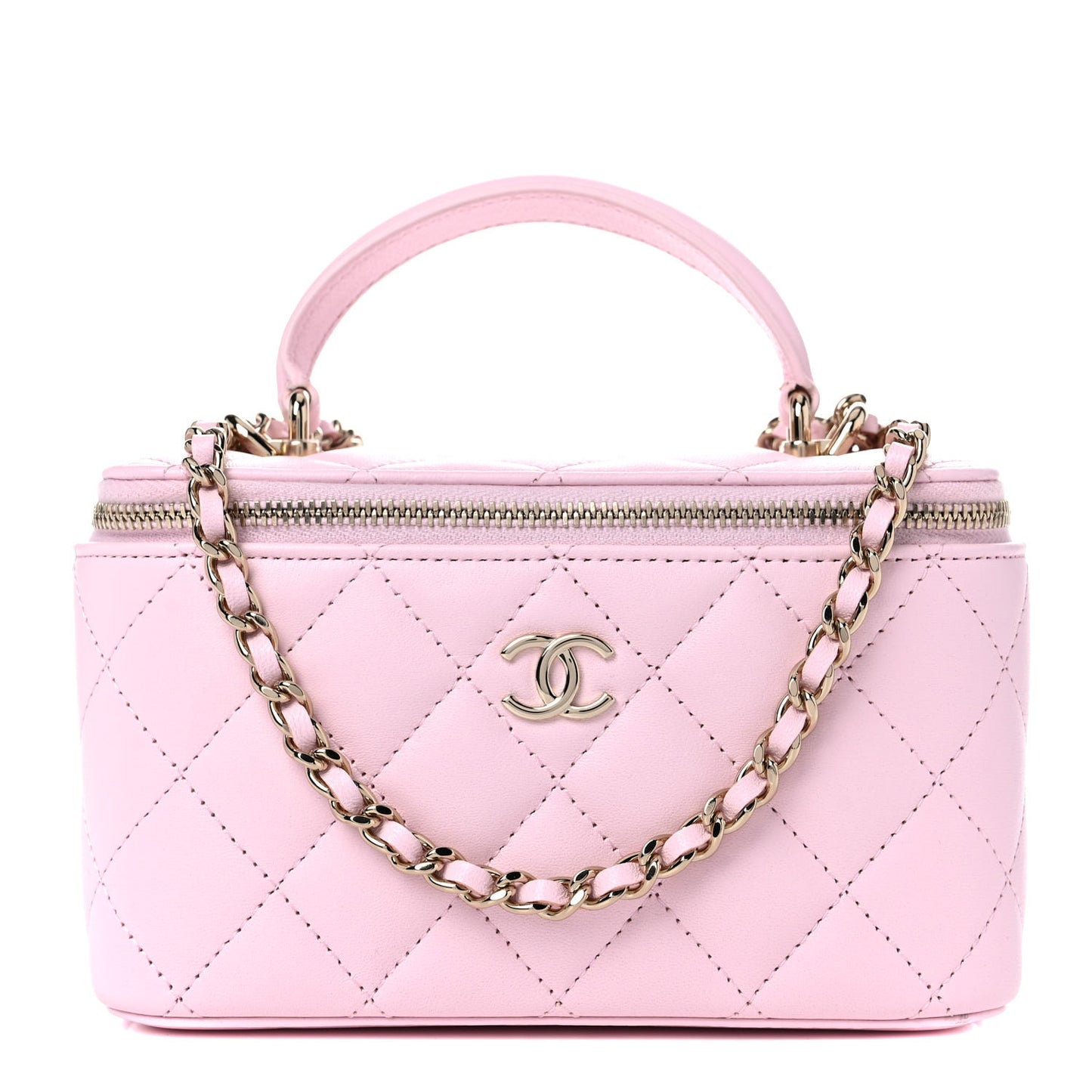 Lambskin Quilted Small Top Handle Vanity Case With Chain Light Pink
