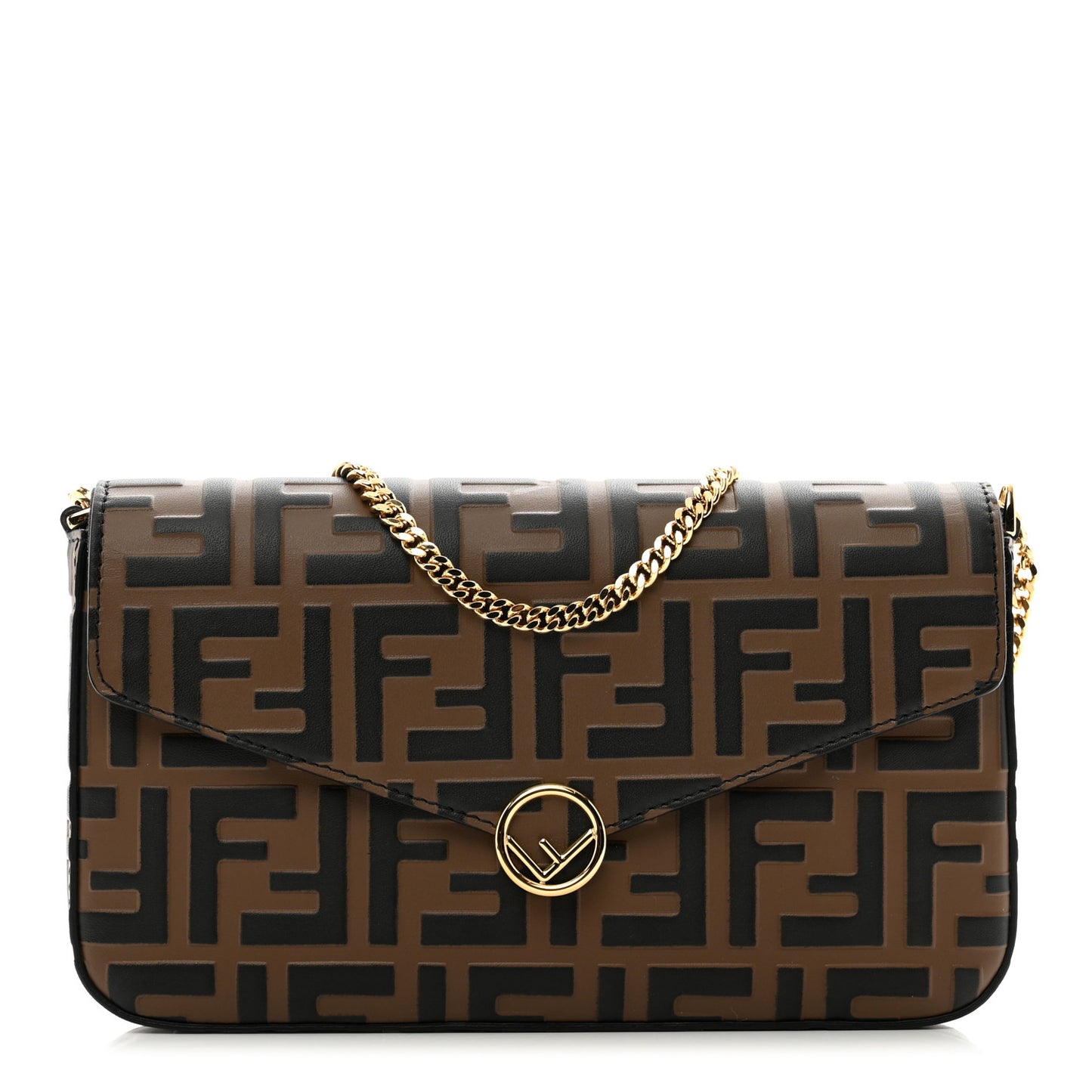 Vitello Soft F is Fendi Bi-Color FF 1974 Embossed Envelope Wallet On Chain with Pouches Maya Black
