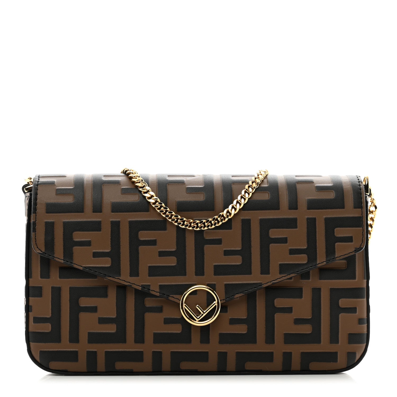 Fendi Vitello Soft F is Fendi Bi-Color FF 1974 Embossed Envelope Wallet On Chain with Pouches Maya Black 3 of 9