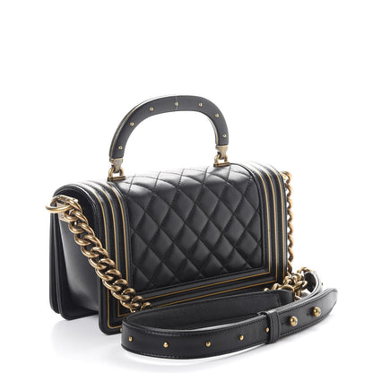 Chanel Lambskin Quilted Small Boy Studded Handle Flap Black Gold 3 of 9