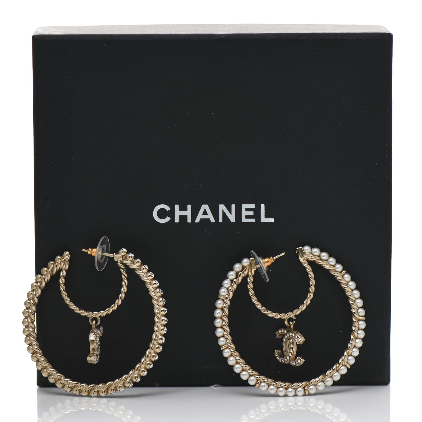 Crystal Pearl CC Drop Hoop Earrings Gold Pearly White
