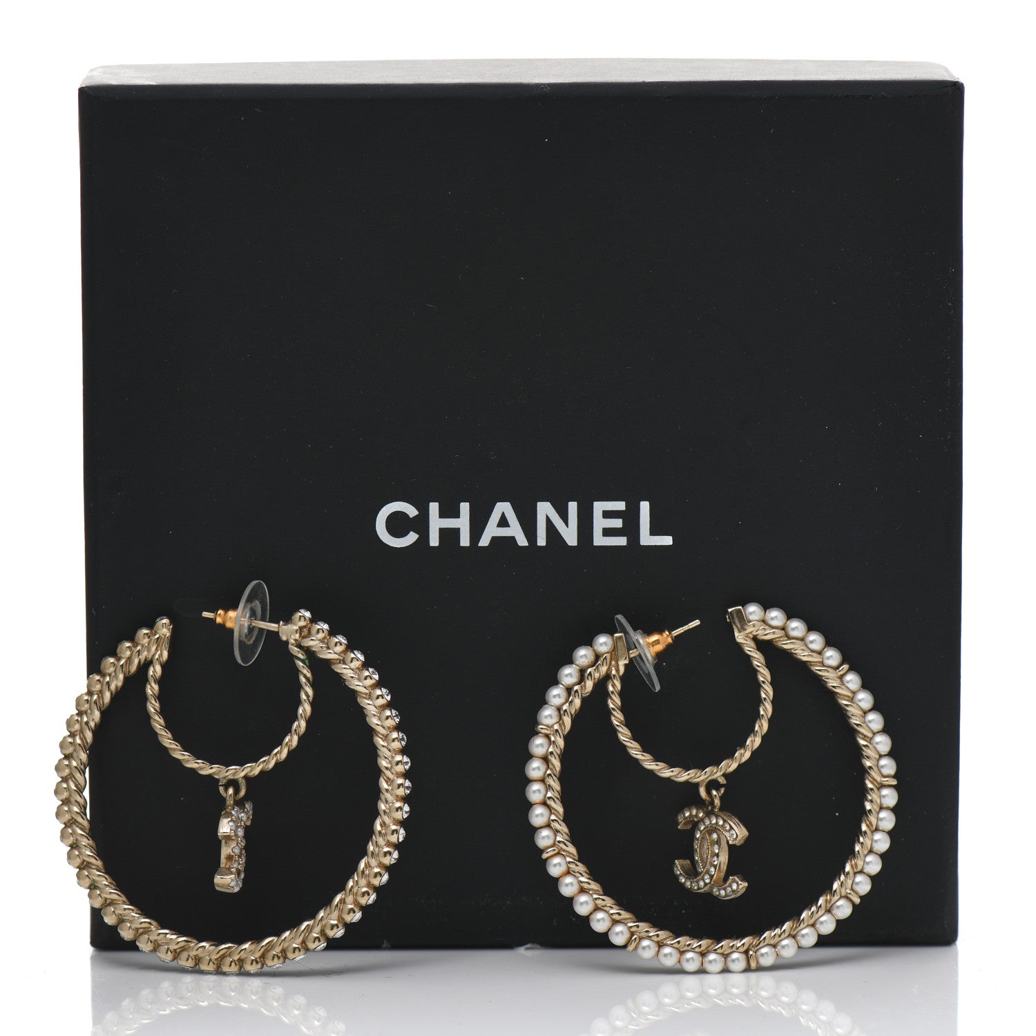 Chanel Crystal Pearl CC Drop Hoop Earrings Gold Pearly White 6 of 6