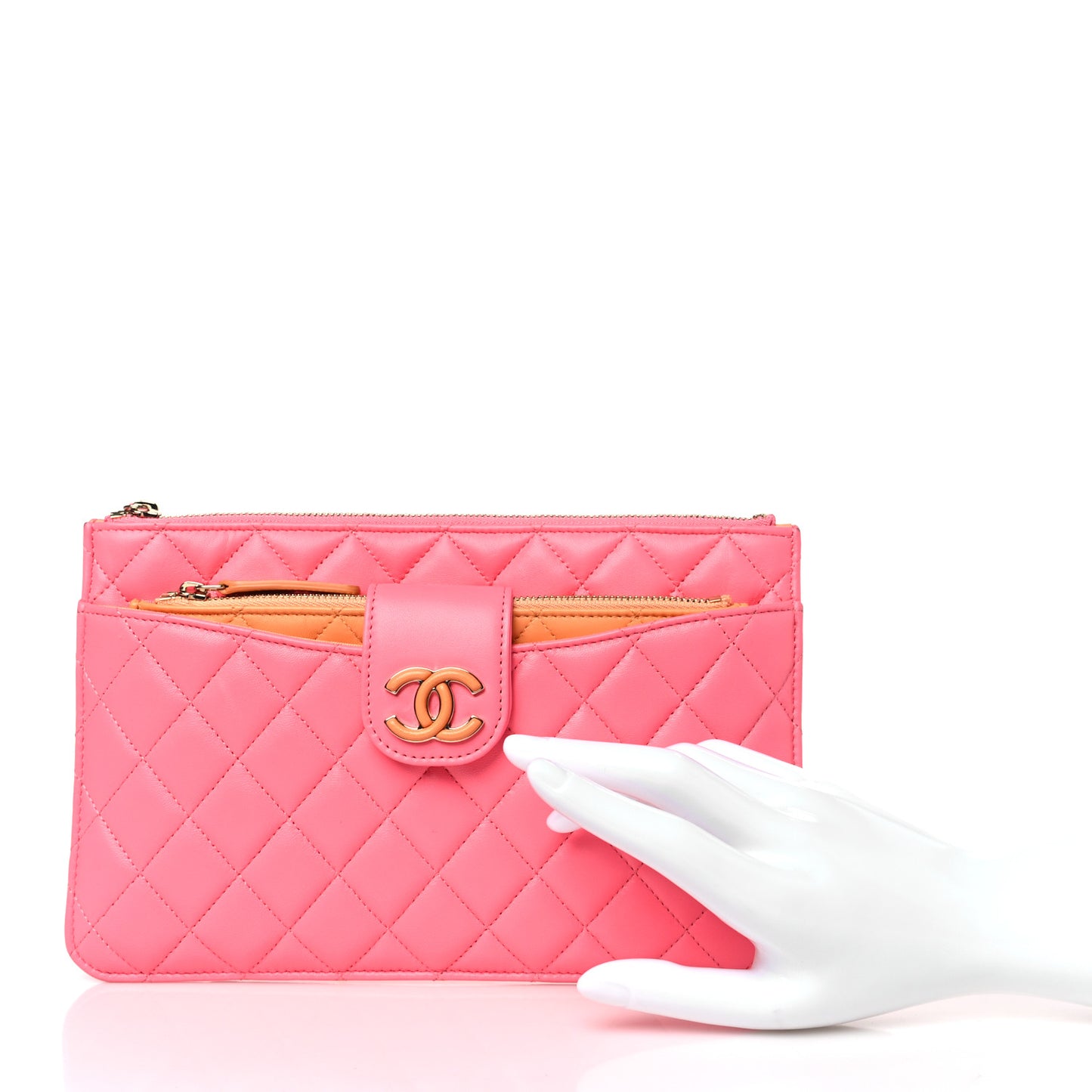 Lambskin Quilted Sunset Boulevard Pouch Case Coral Orange