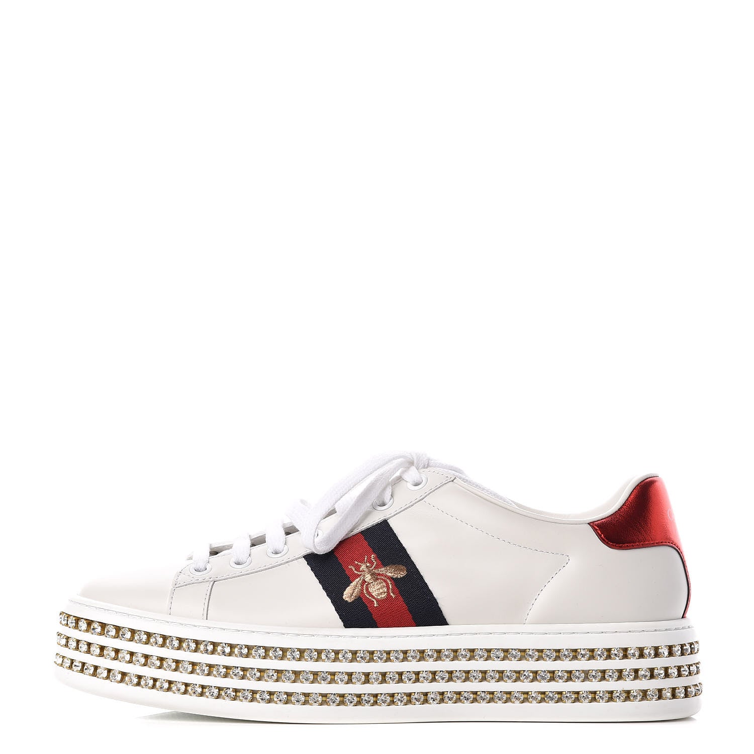 Gucci Calfskin Crystal Web Bee Embroidered Womens Ace Platform Sneakers 38 White 1 of 9