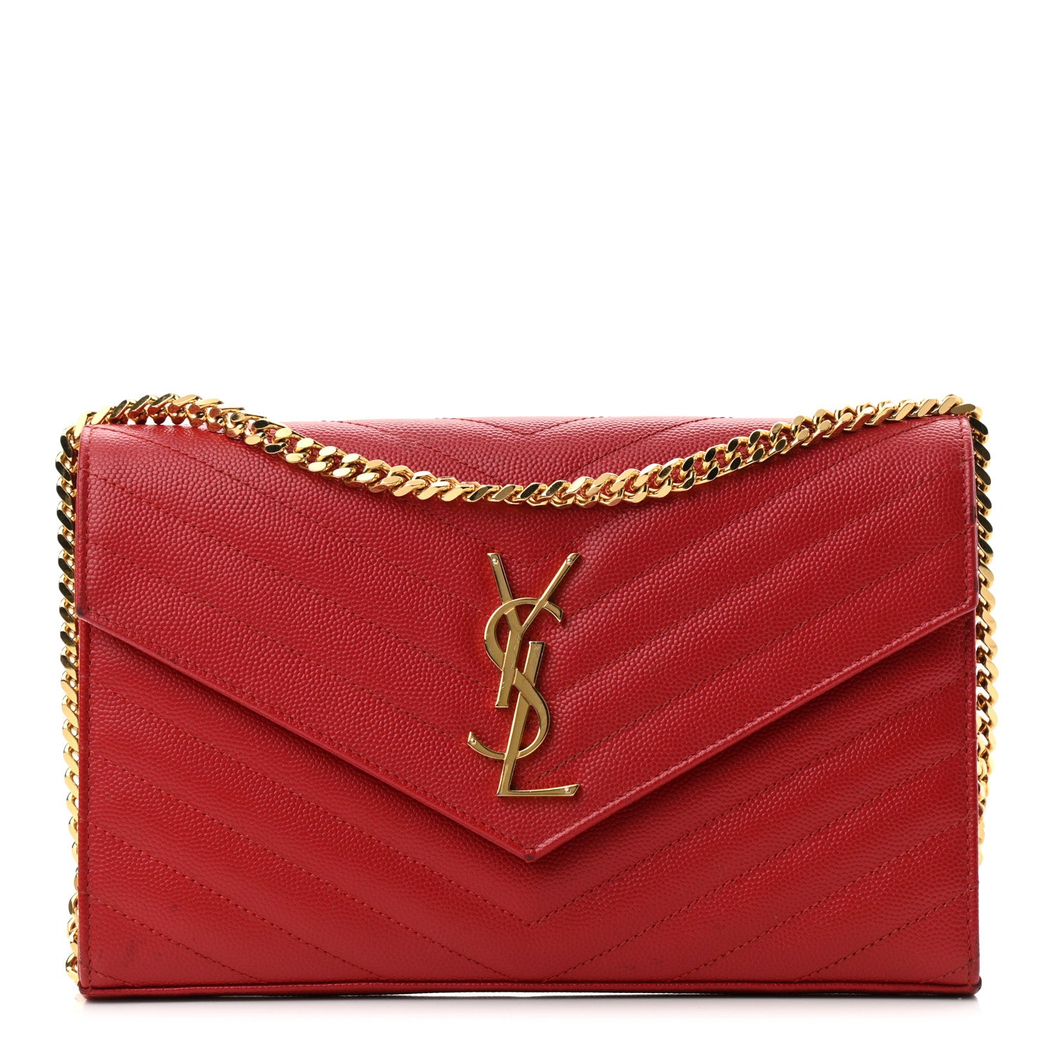 Saint Laurent Grain De Poudre Matelasse Chevron Monogram Chain Wallet Red 1 of 11
