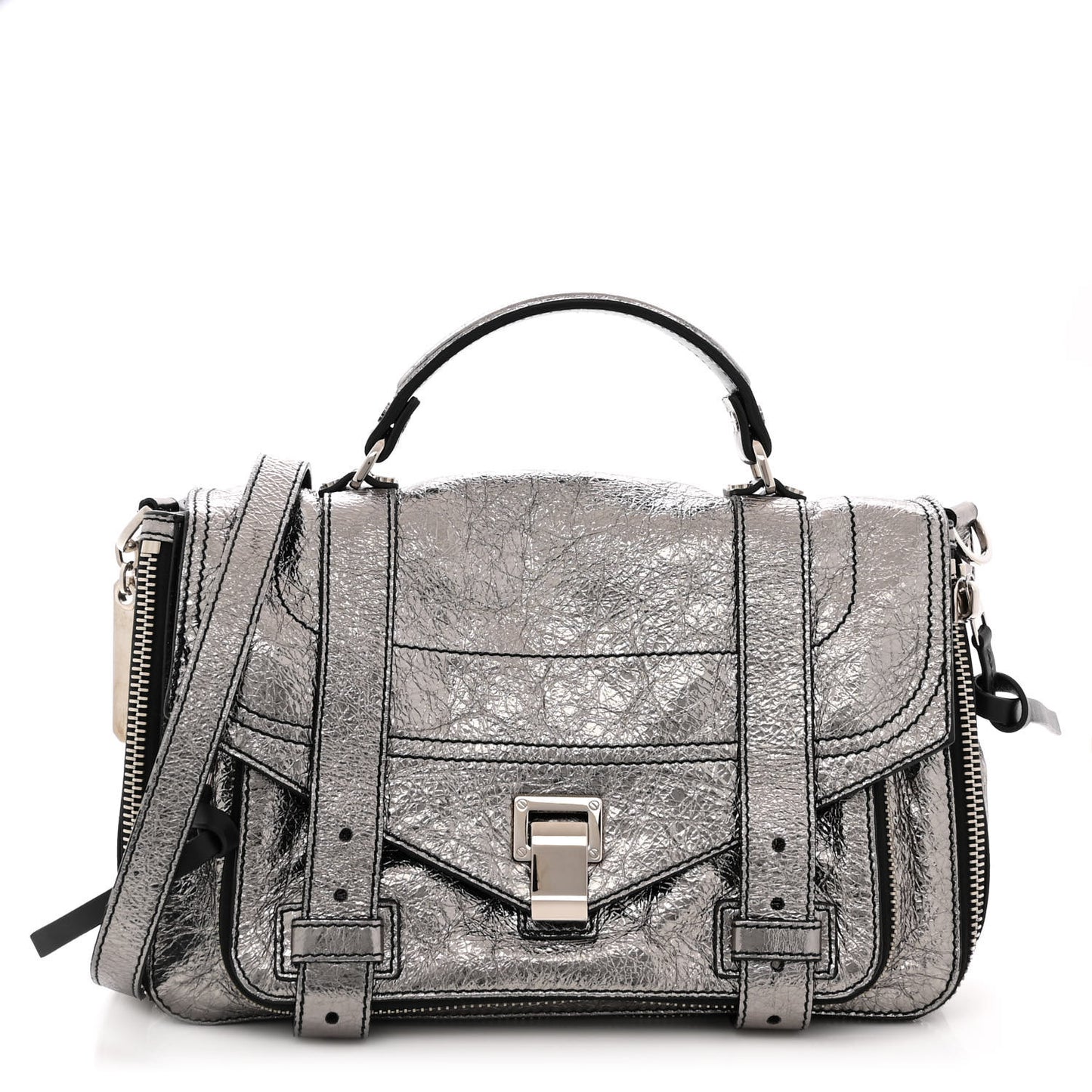 Metallic Paper Lambskin Medium PS1 Plus Zip Satchel Dark Silver