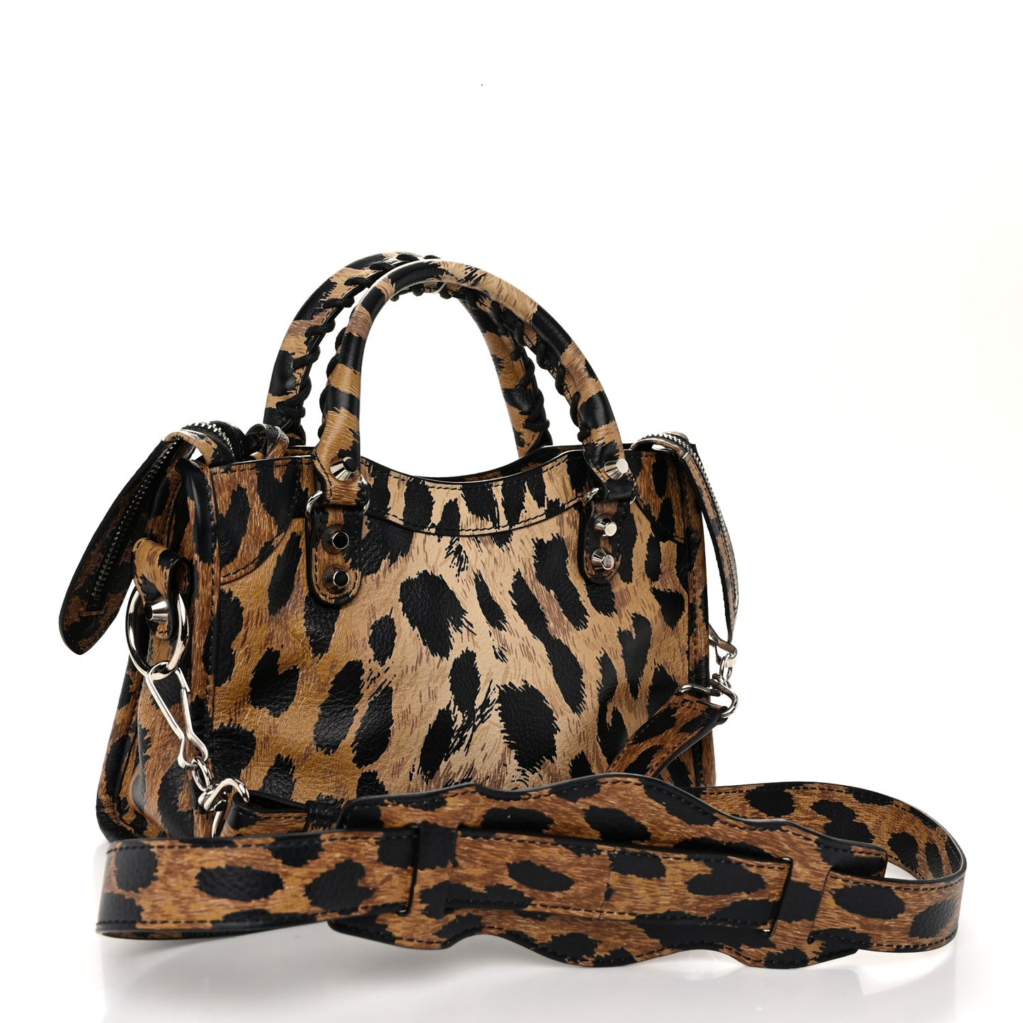 Smooth Calfskin Leopard Print Classic Silver Hardware Mini City Beige