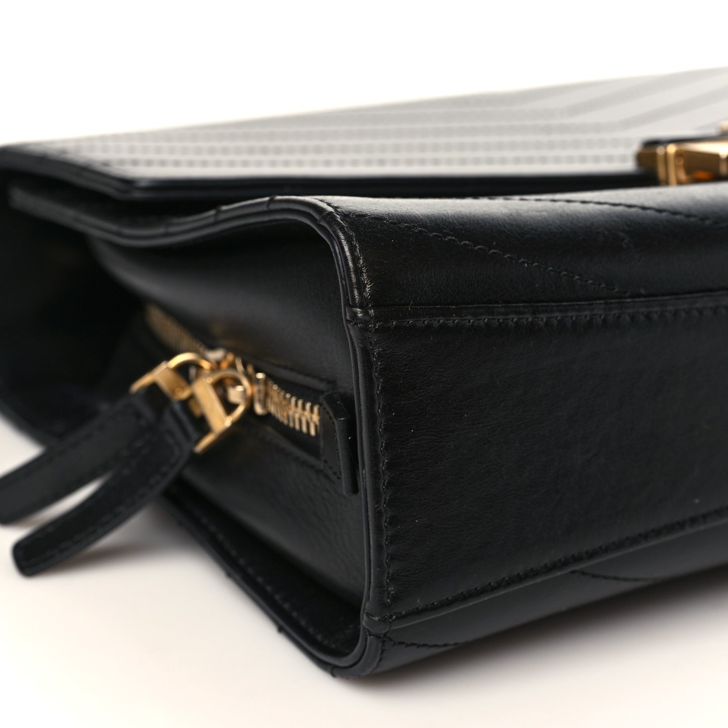 Calfskin Chevron Quilted Medal Flap Black