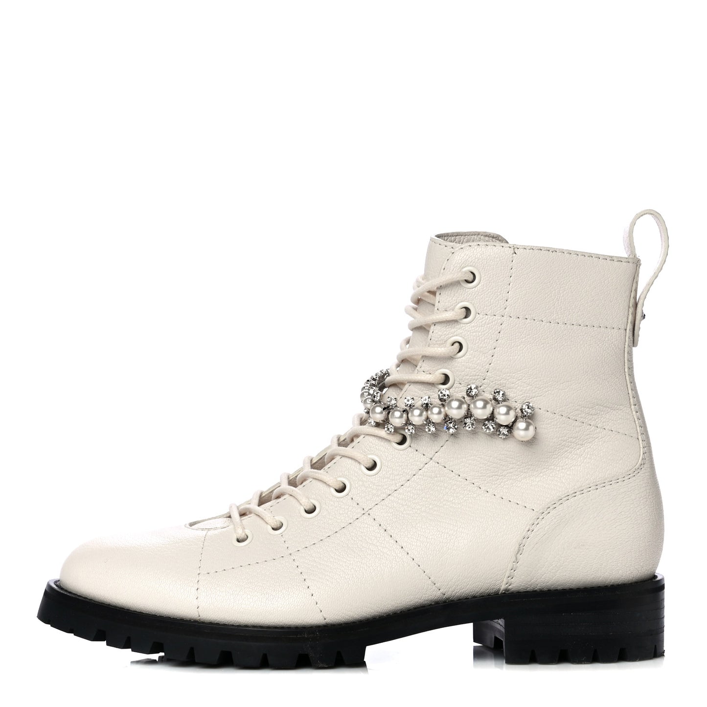 Goatskin Pearl Embellished Cruz Combat Boots 38.5 White