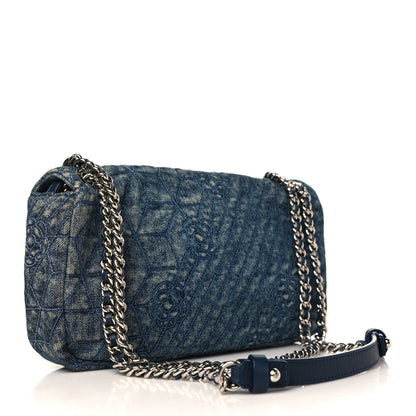 Chanel Denim Quilted Camellia Embroidered Medium Flap Blue 3 of 9