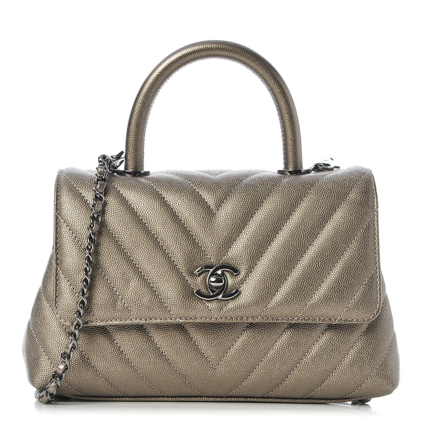 Metallic Caviar Chevron Quilted Mini Coco Handle Flap Light Gold