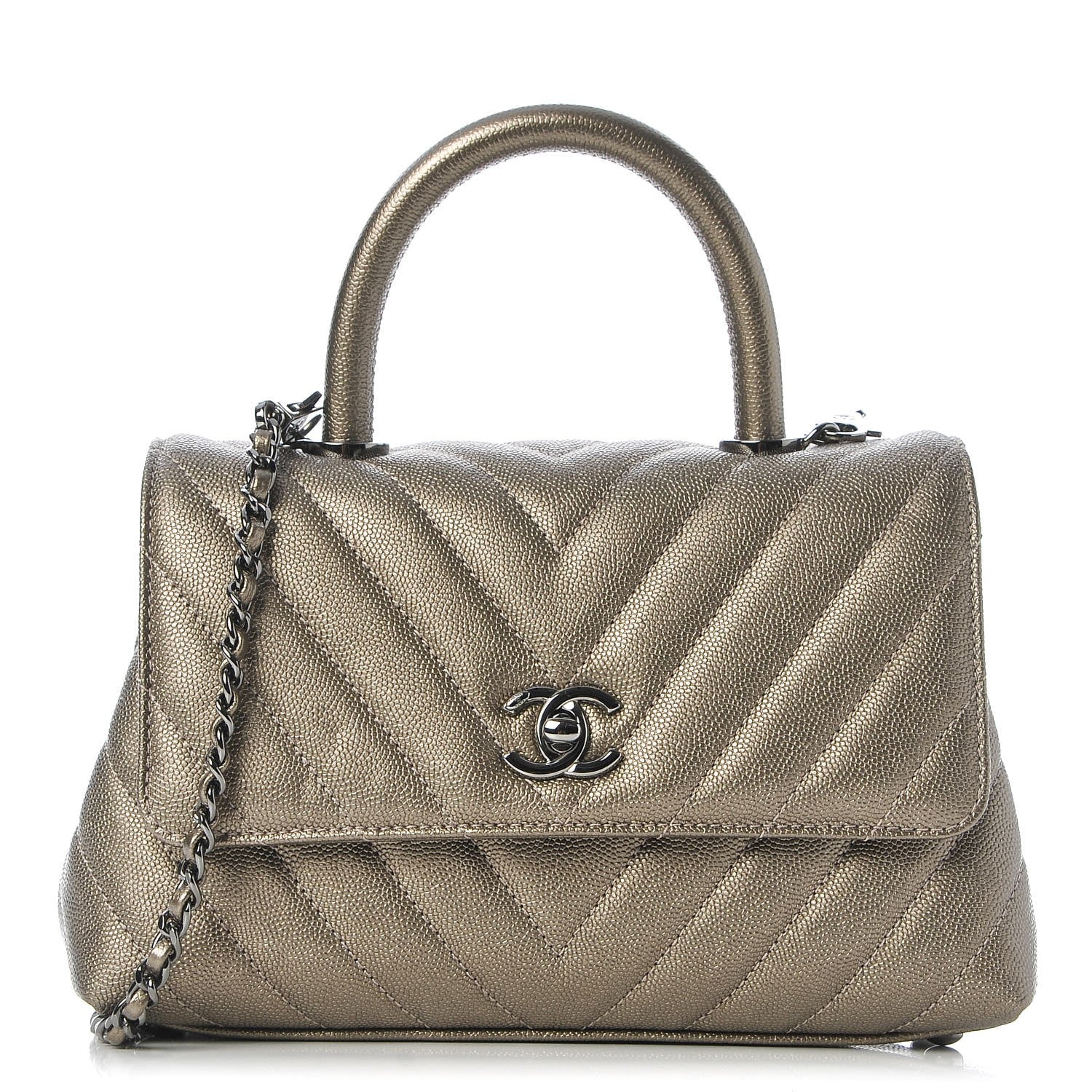 Chanel Metallic Caviar Chevron Quilted Mini Coco Handle Flap Light Gold 1 of 7