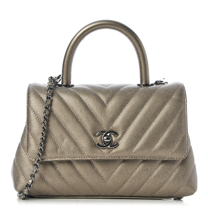 Chanel Metallic Caviar Chevron Quilted Mini Coco Handle Flap Light Gold 1 of 7