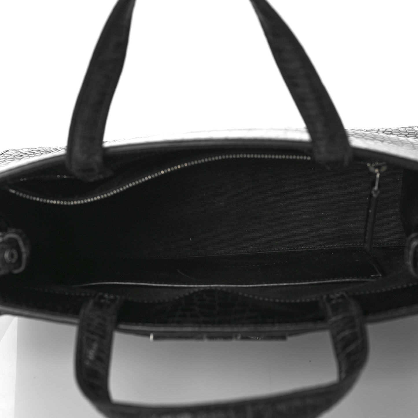 Shiny Calfskin Crocodile Embossed Small Manhattan Shopper Tote Black