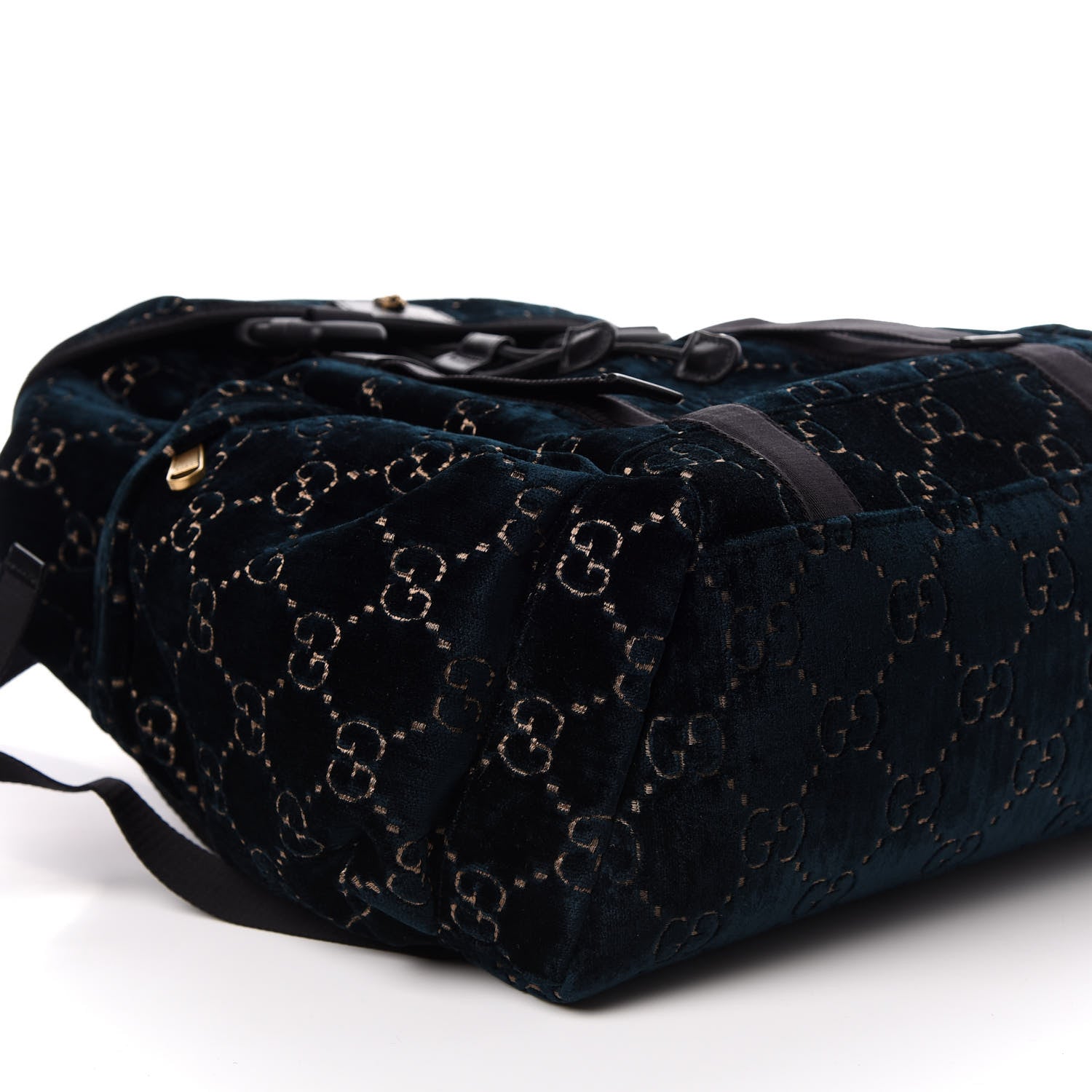 Gucci Velvet GG Monogram Web Medium Double Buckle Backpack Blue Beige Black 7 of 9