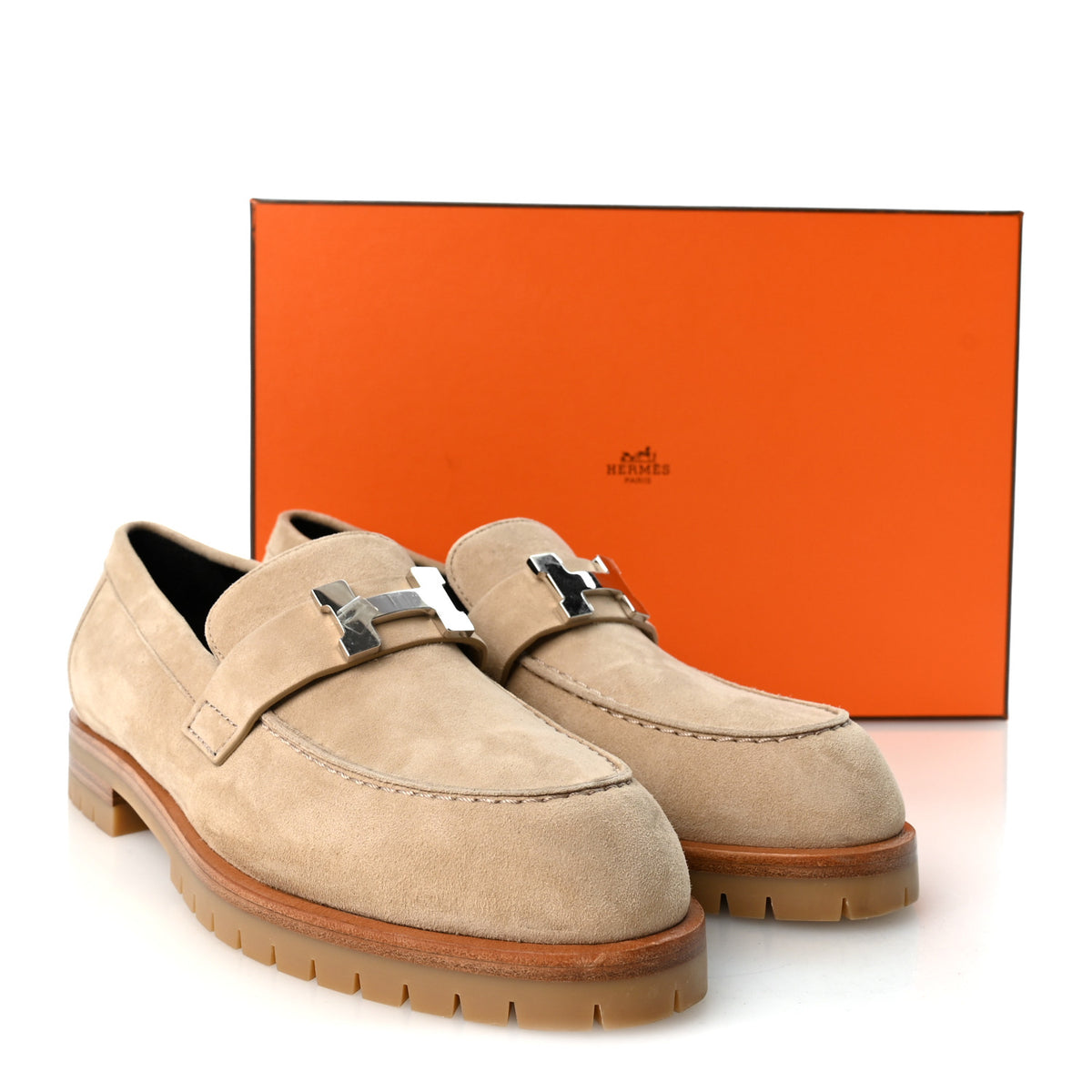 Hermes Suede Goatskin Womens Faubourg Loafers 38 Beige Argile 10 of 10