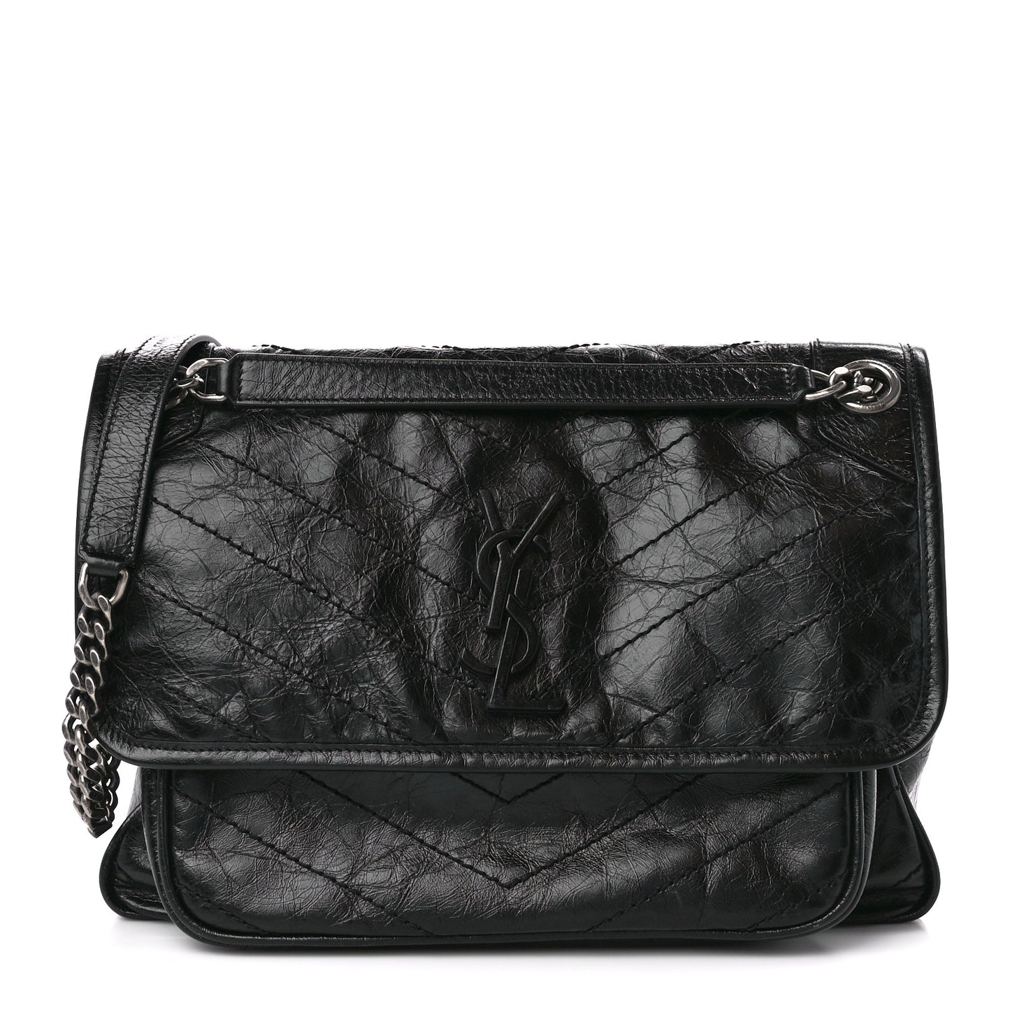 Crinkled Calfskin Matelasse Monogram Medium Niki Chain Satchel Black