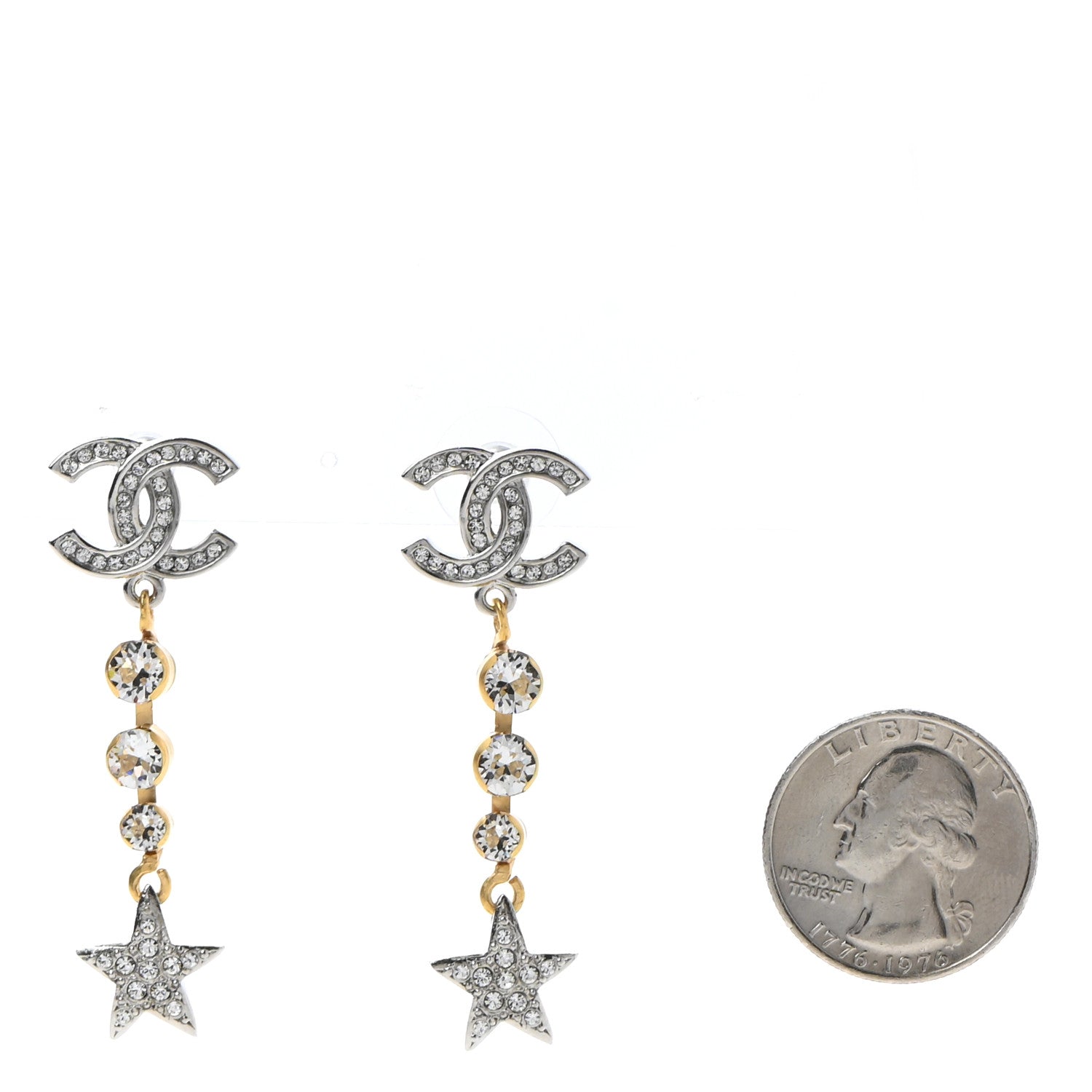 Chanel Crystal Star Drop CC Earrings Silver Gold 2 of 5
