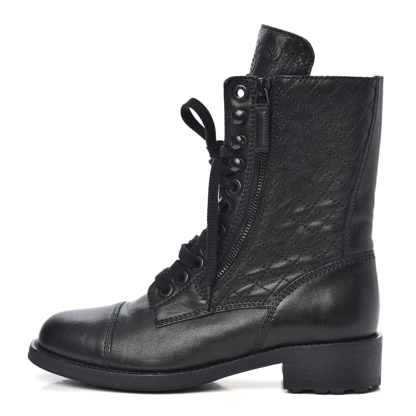 Calfskin Quilted Lace Up Combat Boots 37.5 Black