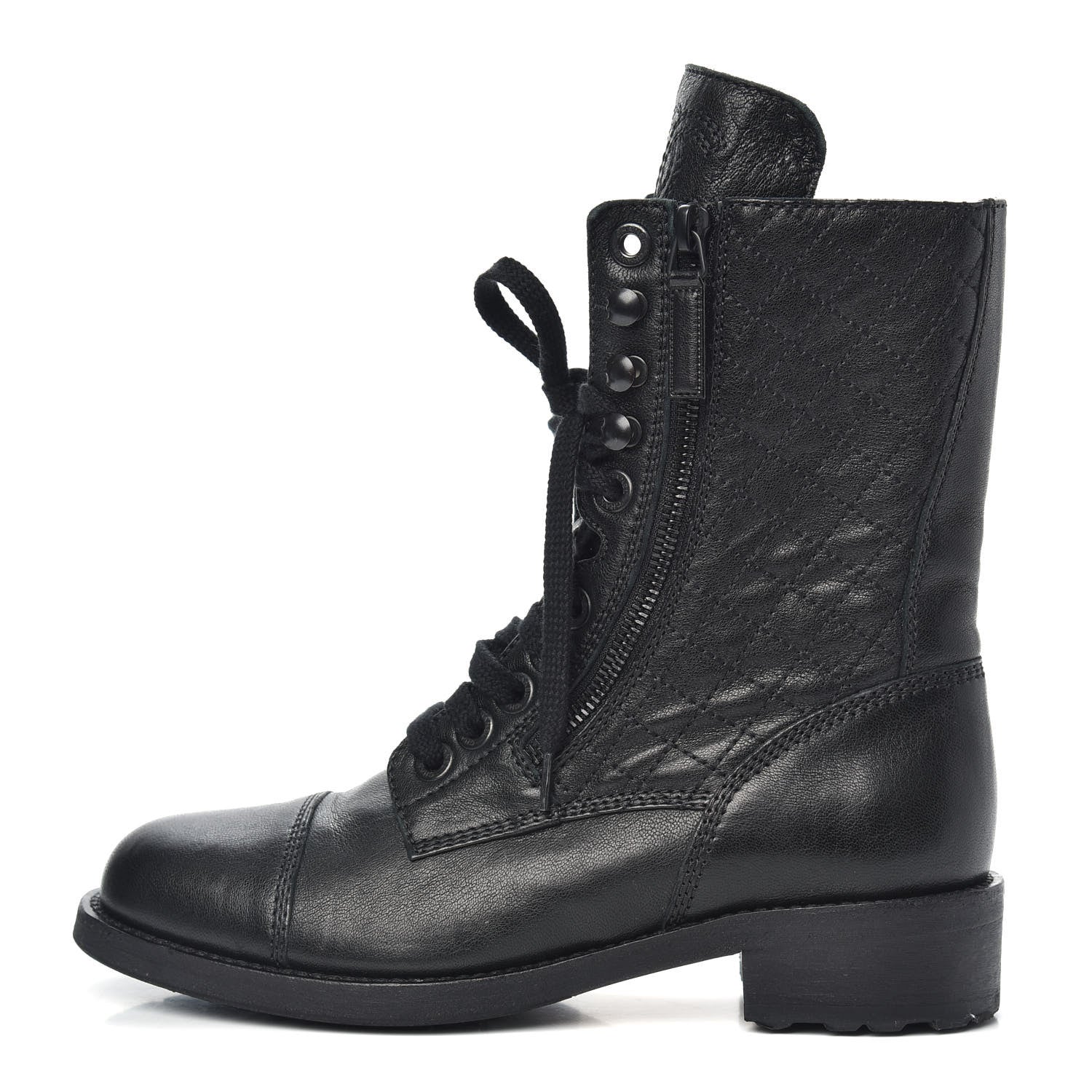 Chanel Calfskin Quilted Lace Up Combat Boots 37.5 Black 1 of 8