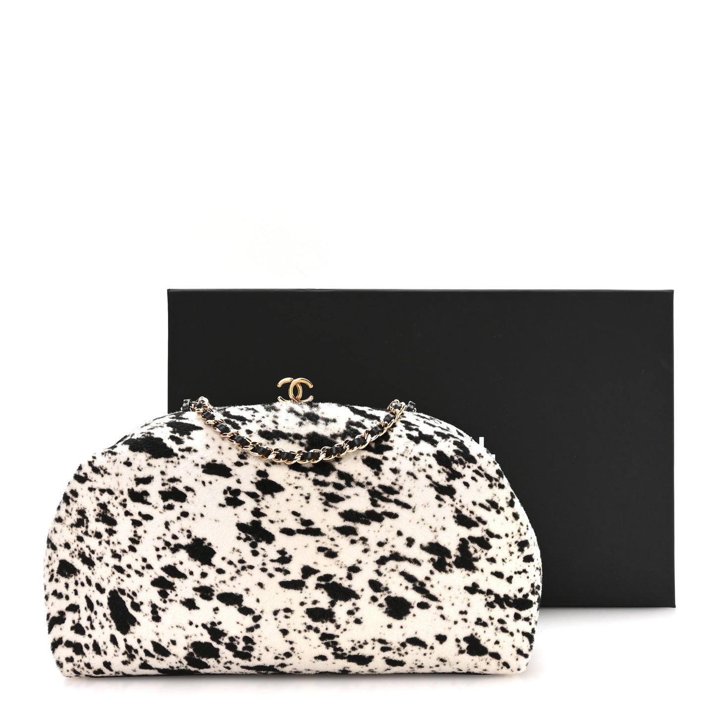 Lambskin Pony Hair Printed Clutch With Chain Black White