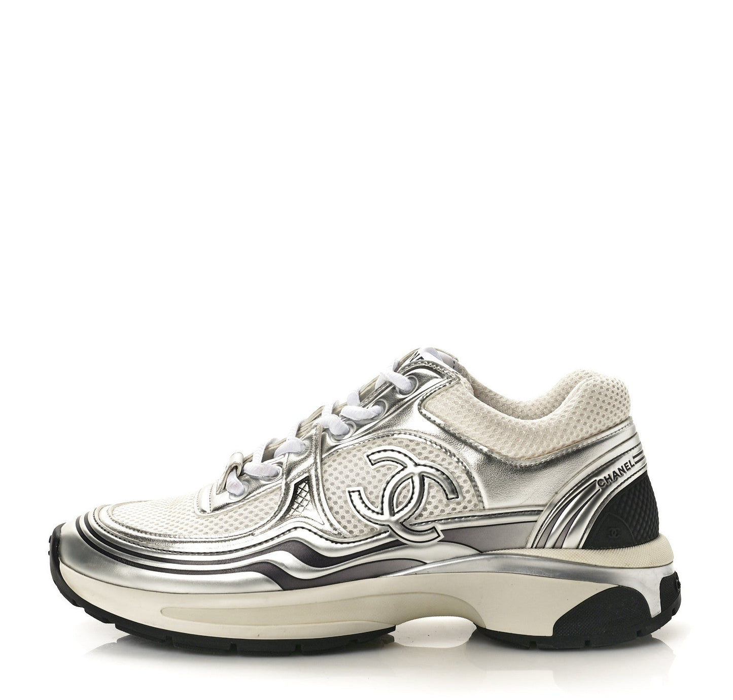 Fabric Laminated Calfskin Stretch CC Sneakers 38 White Gold Silver
