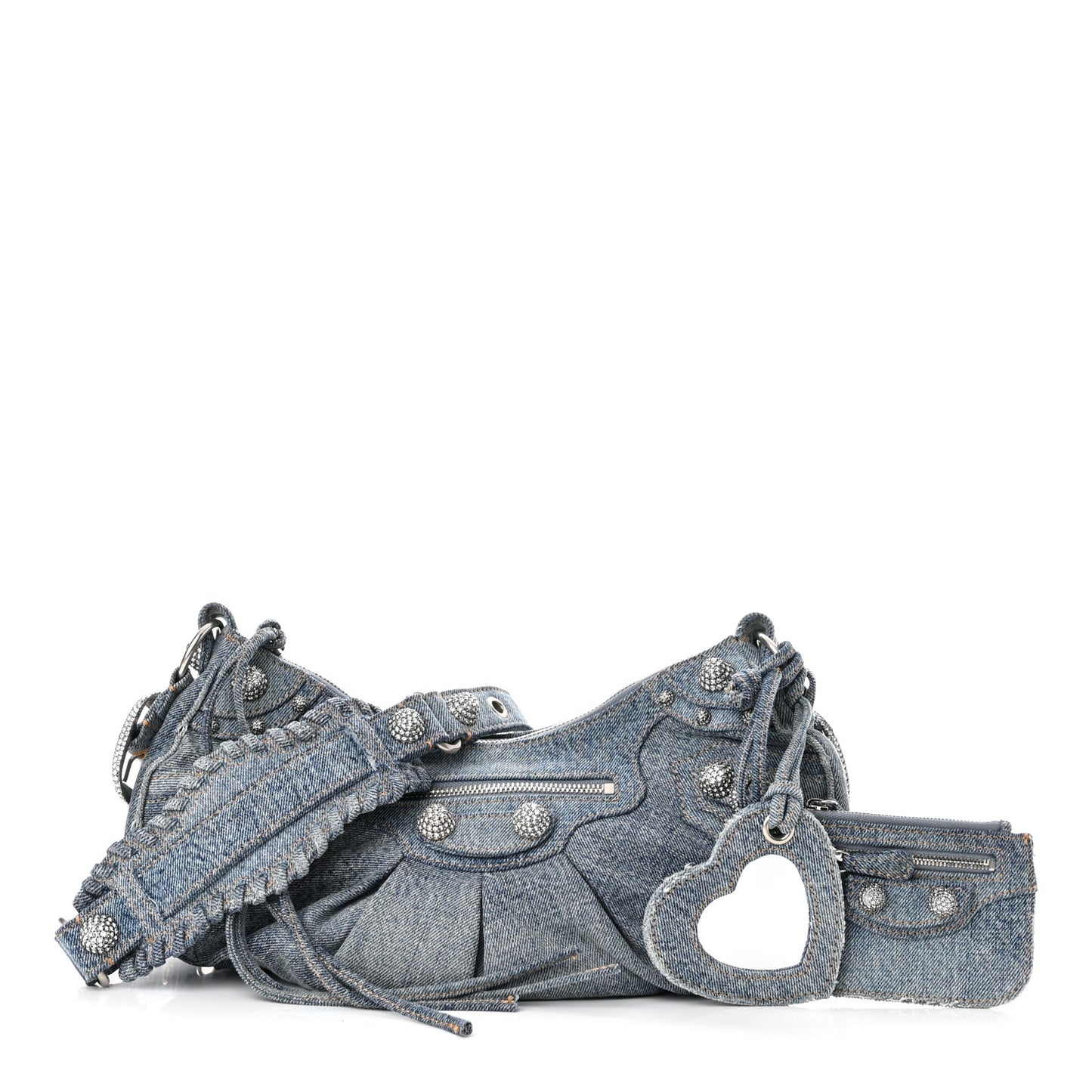 Washed Frayed Denim Crystal Small Le Cagole Shoulder Bag Blue