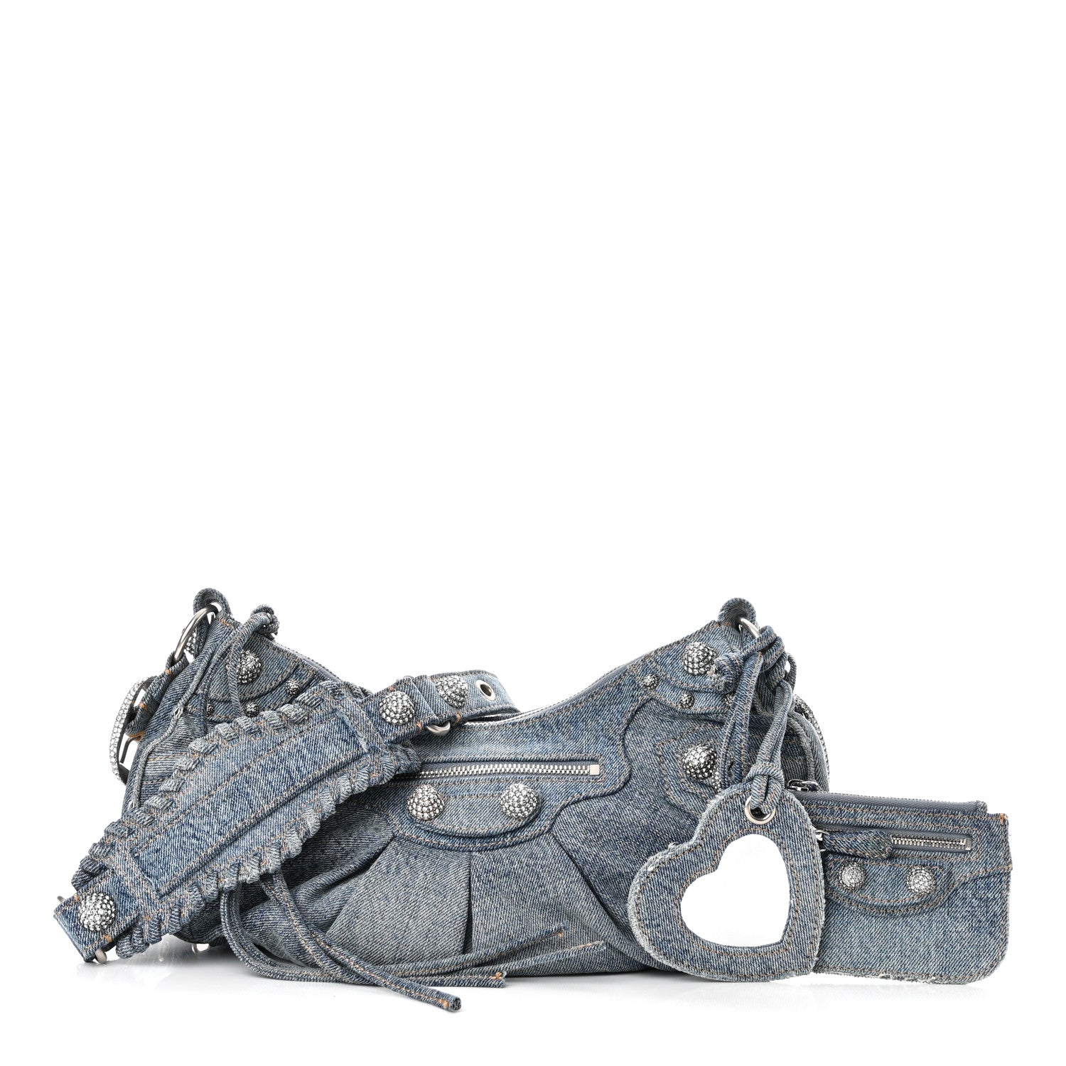 Balenciaga Washed Frayed Denim Crystal Small Le Cagole Shoulder Bag Blue 1 of 9