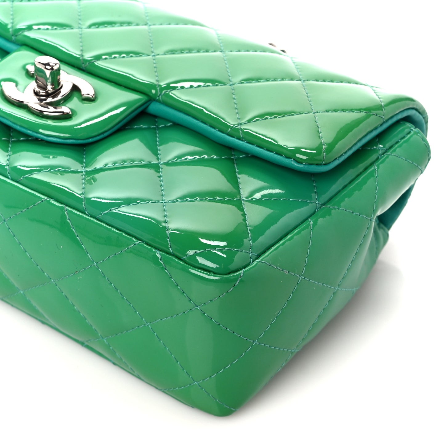 Patent Calfskin Quilted Mini Rectangular Flap Green