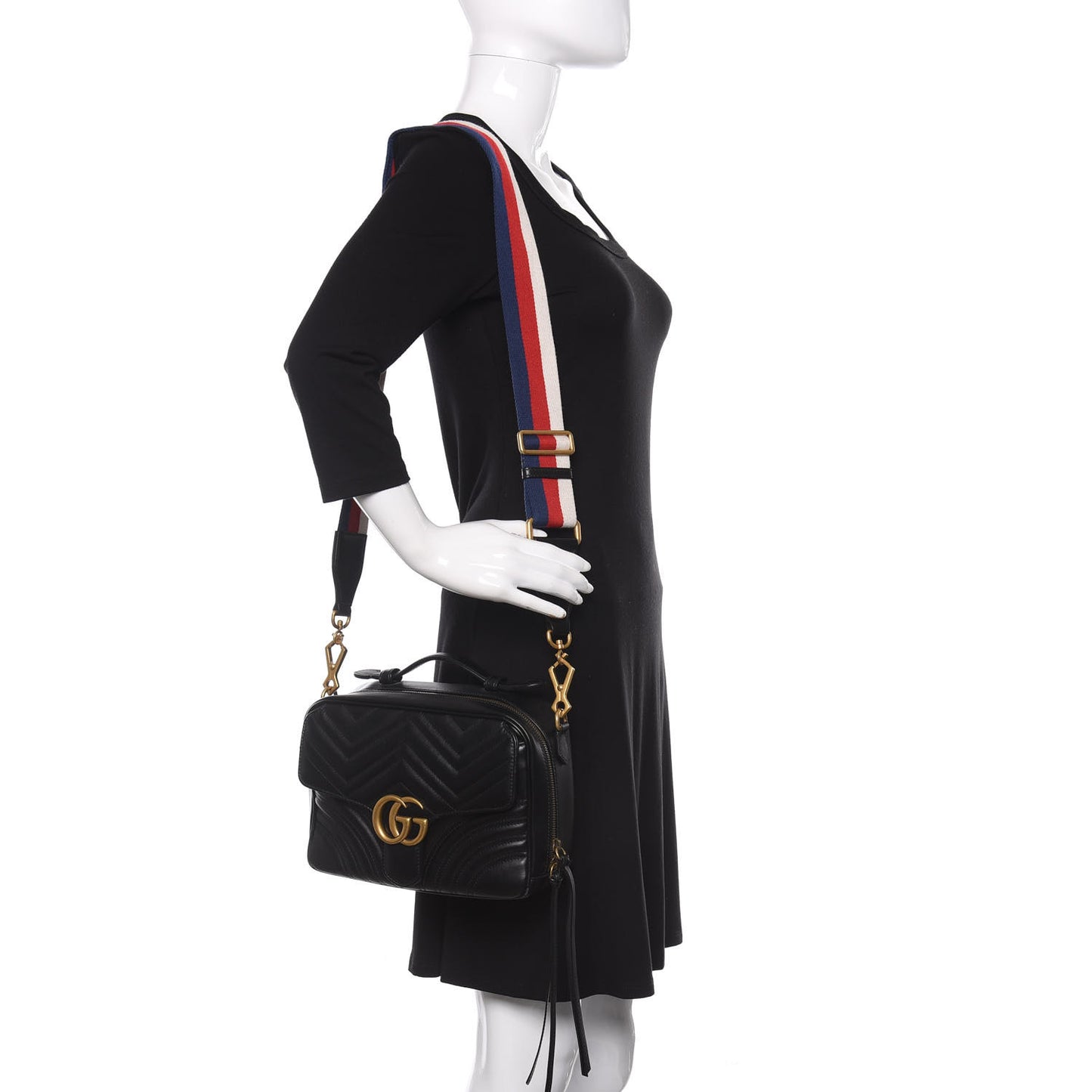 Calfskin Matelasse Sylvie Web Small GG Marmont Top Handle Shoulder Bag Black