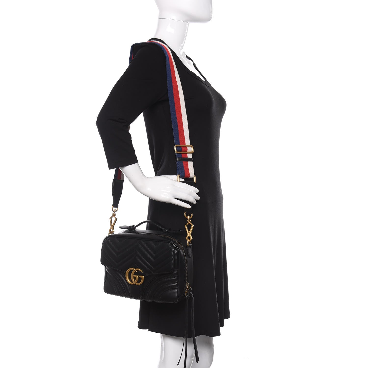 Gucci Calfskin Matelasse Sylvie Web Small GG Marmont Top Handle Shoulder Bag Black 2 of 10