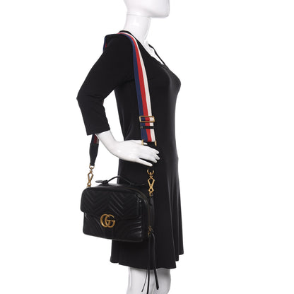 Gucci Calfskin Matelasse Sylvie Web Small GG Marmont Top Handle Shoulder Bag Black 2 of 10