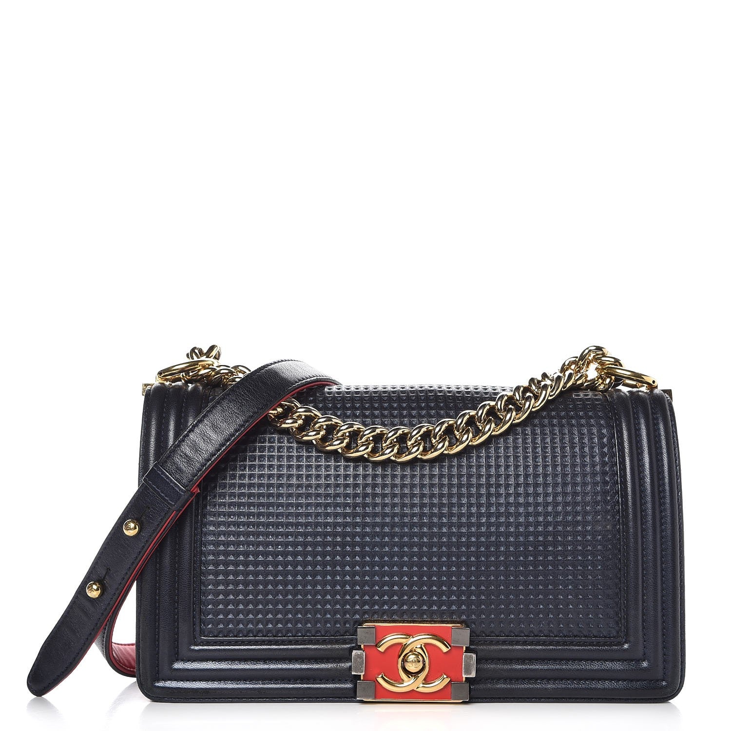 Chanel Lambskin Embossed Medium Boy Cube Flap Navy 1 of 13