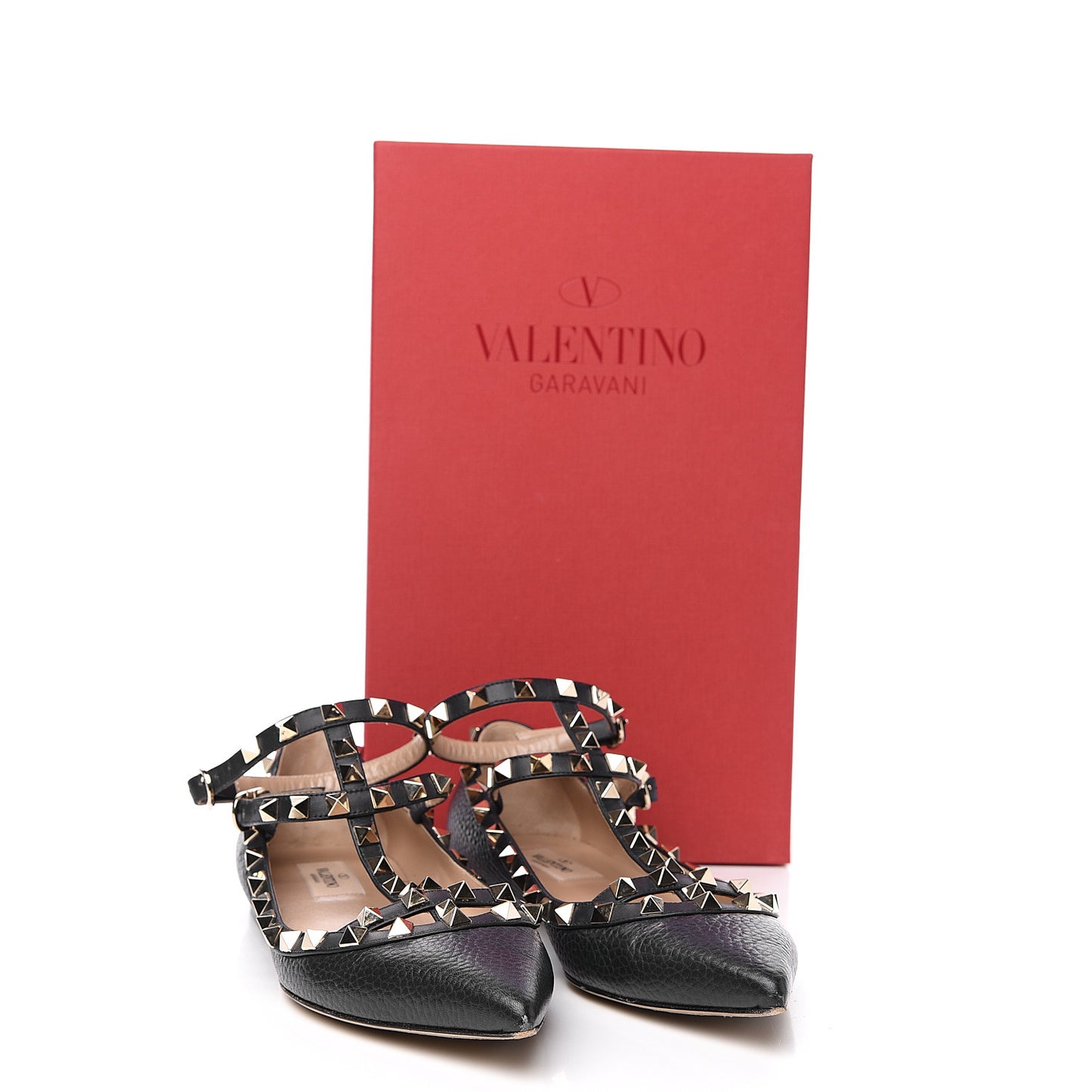 Pebbled Calfskin Rockstud Cage Ballerina Flats 37 Black