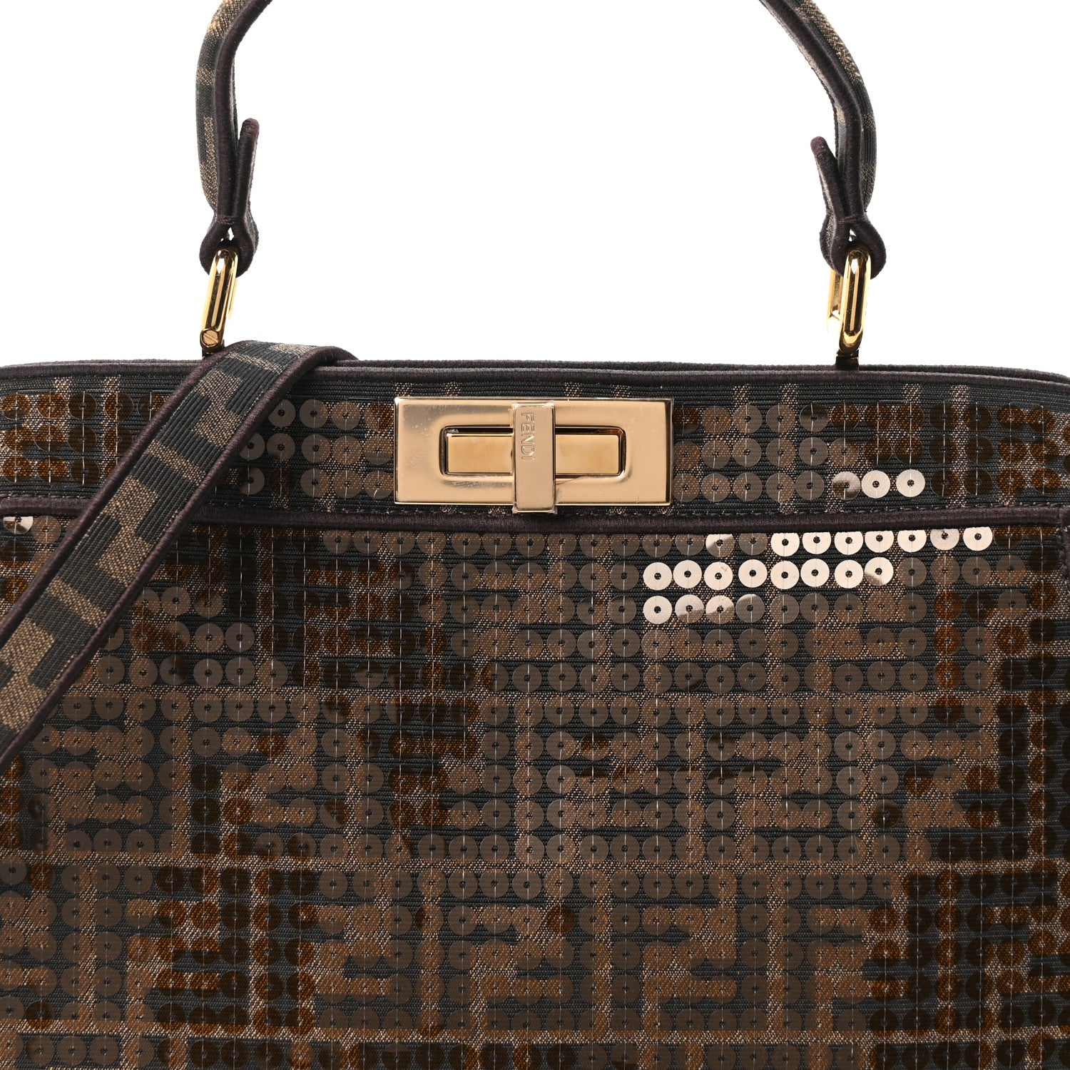 Fendi Fabric Jacquard Paillettes Vitello Seta FF 1974 Medium Peekaboo I SEE U Satchel Tobacco Moro 7 of 9