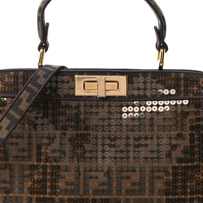Fendi Fabric Jacquard Paillettes Vitello Seta FF 1974 Medium Peekaboo I SEE U Satchel Tobacco Moro 7 of 9