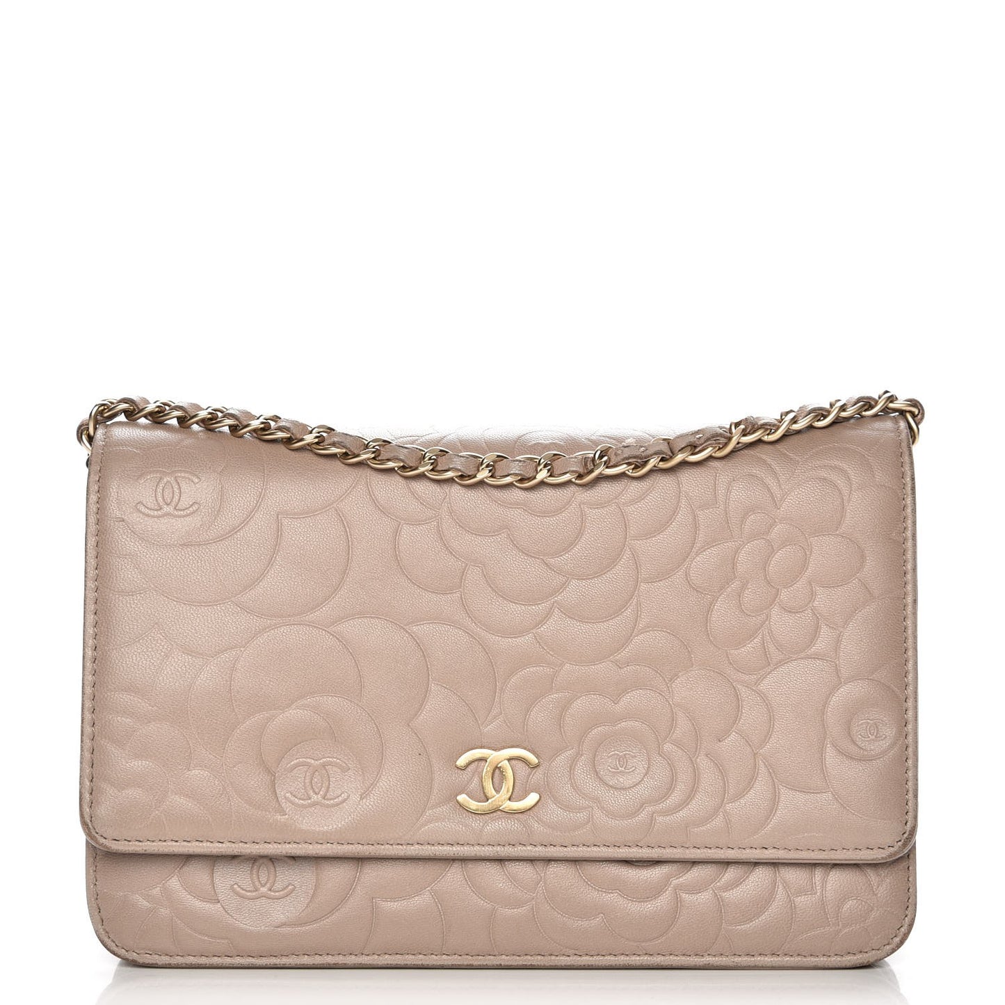 Lambskin Camellia Embossed Wallet on Chain WOC Beige