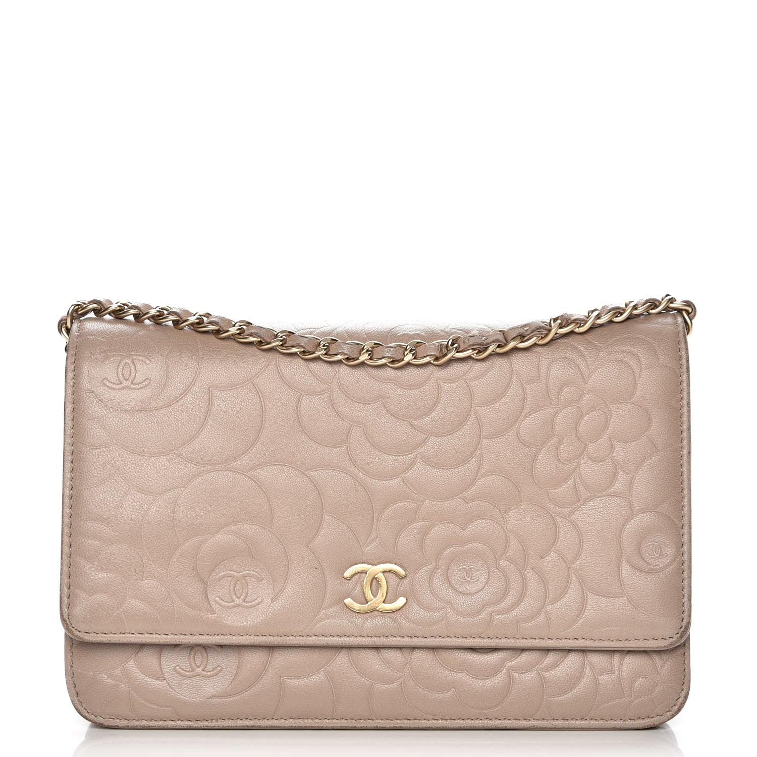 Chanel Lambskin Camellia Embossed Wallet on Chain WOC Beige 1 of 10