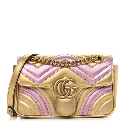 Gucci Metallic Calfskin Matelasse Mini GG Marmont Shoulder Bag Gold Pink 1 of 10