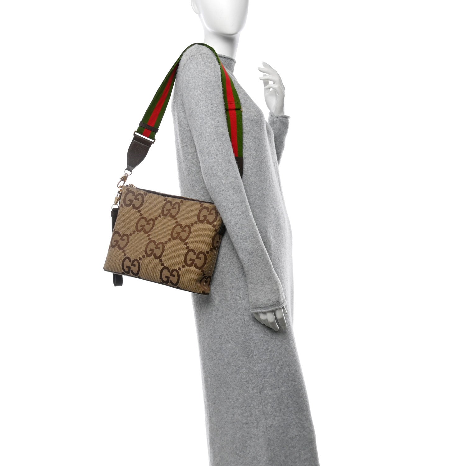 Gucci Monogram Jumbo GG Textured Dollar Calfskin Web Wristlet Messenger Bag Camel Ebony New Acero 3 of 12