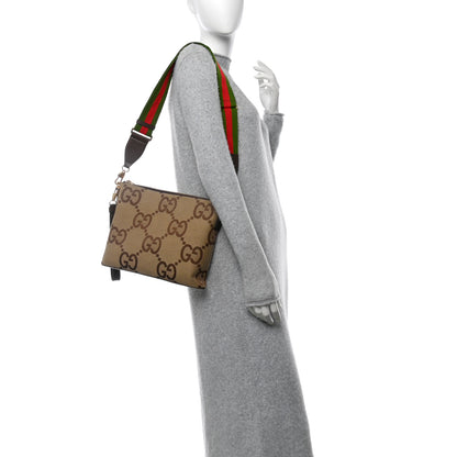 Gucci Monogram Jumbo GG Textured Dollar Calfskin Web Wristlet Messenger Bag Camel Ebony New Acero 3 of 12