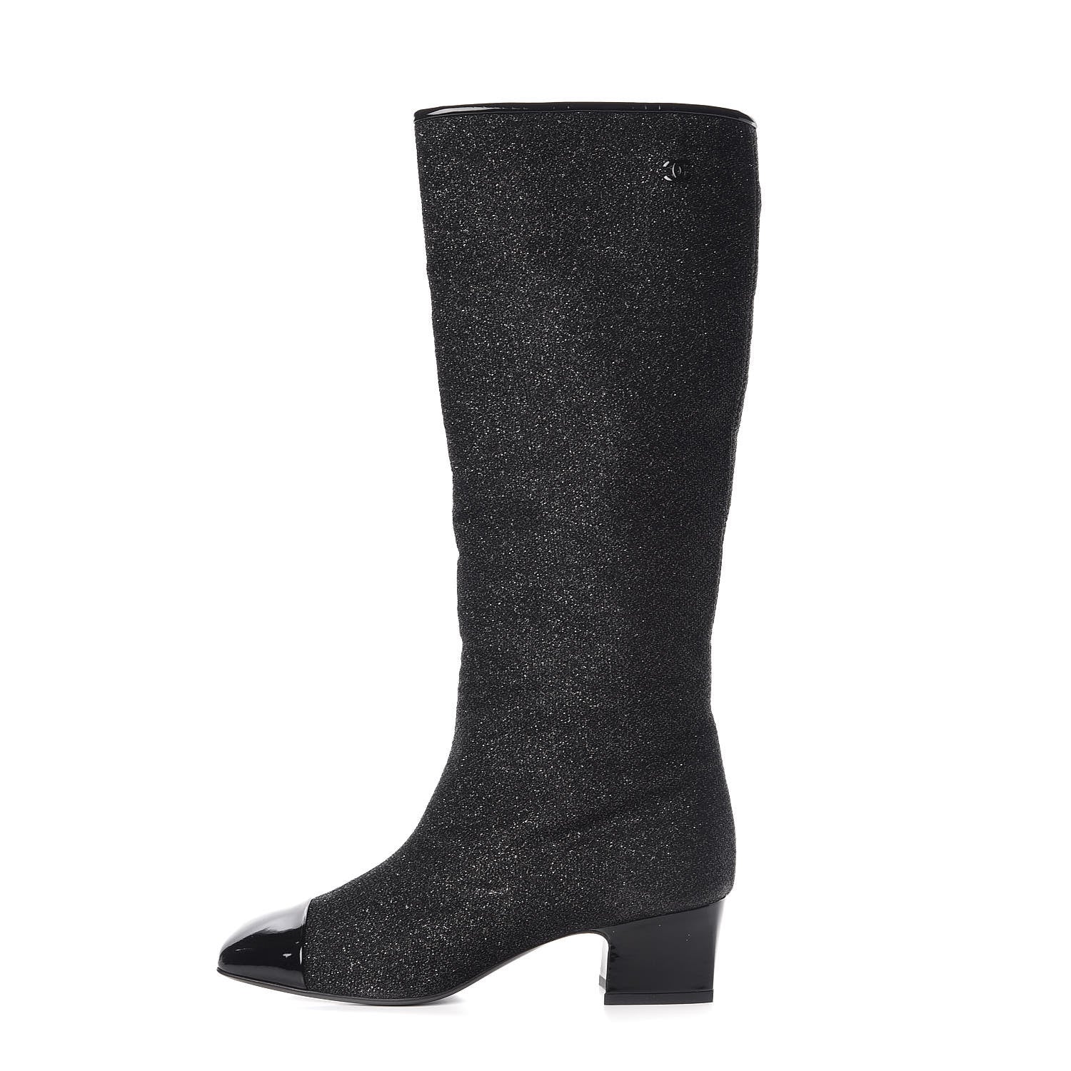 Chanel Glitter Patent Cap Toe High Boots 38.5 Black 1 of 8