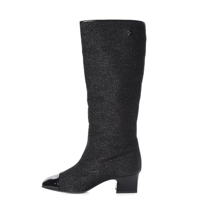Chanel Glitter Patent Cap Toe High Boots 38.5 Black 1 of 8
